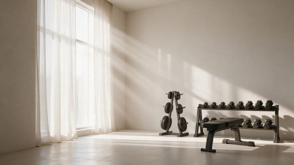 Sala de treino minimalista com halteres e banco