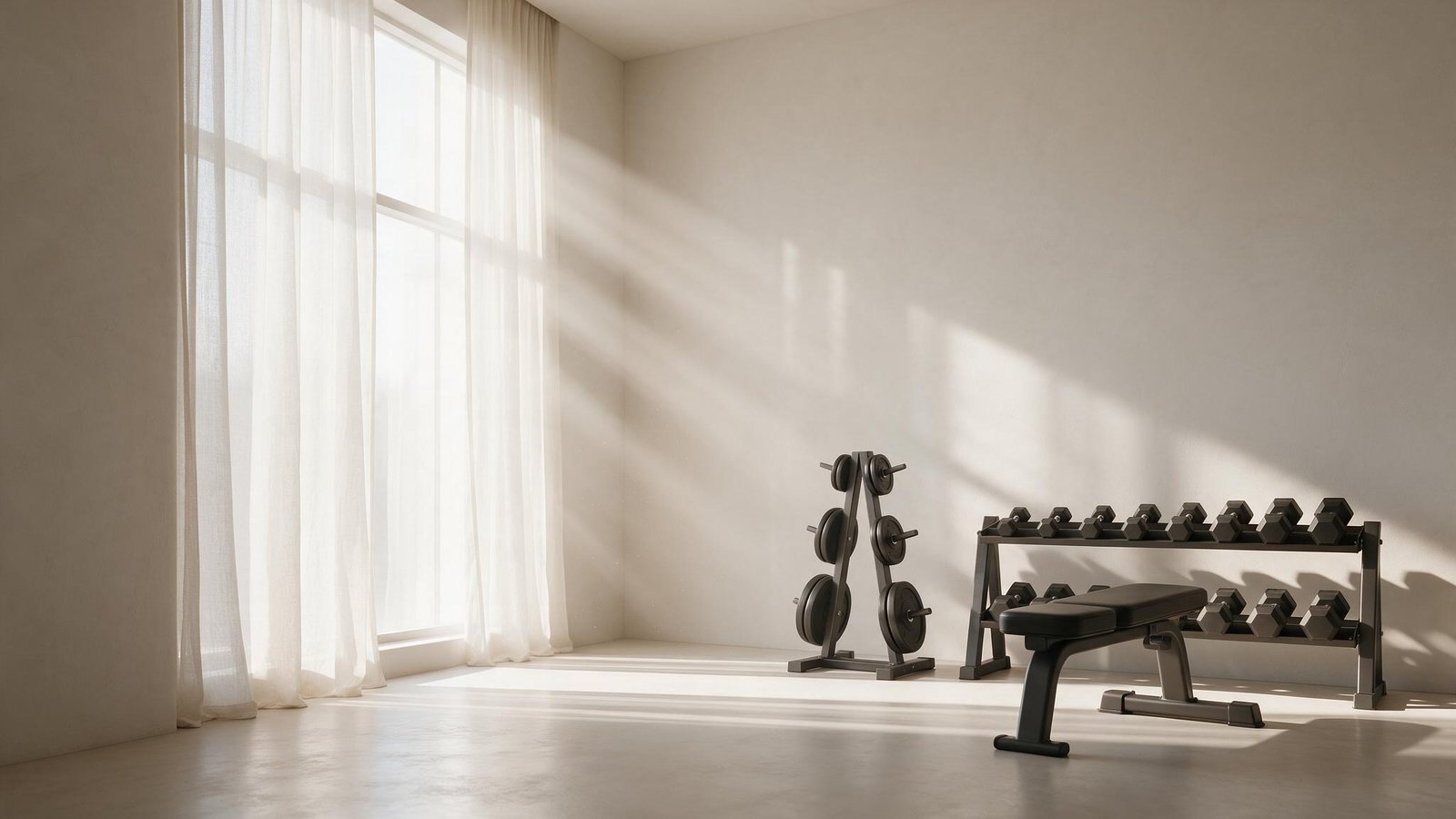 Sala de treino minimalista com halteres, anilhas e banco